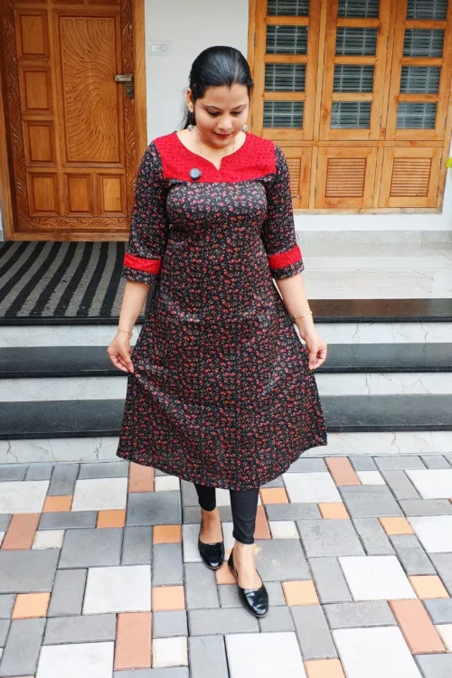 Printed Hakoba Patch Kurti – FFS1496 – Black