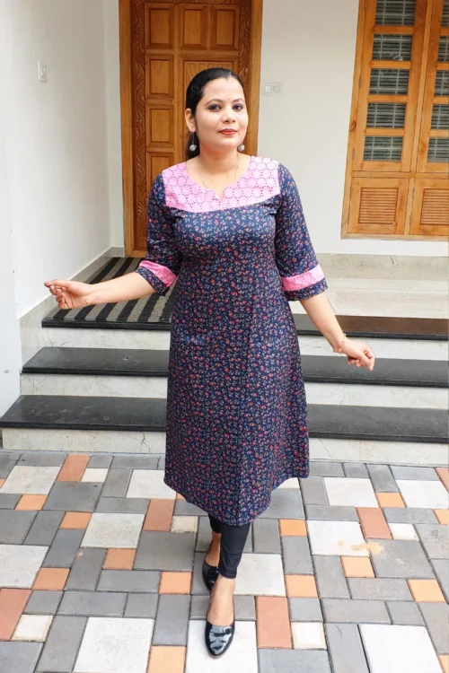 Printed Hakoba Patch Kurti – FFS1497 – Navy Blue